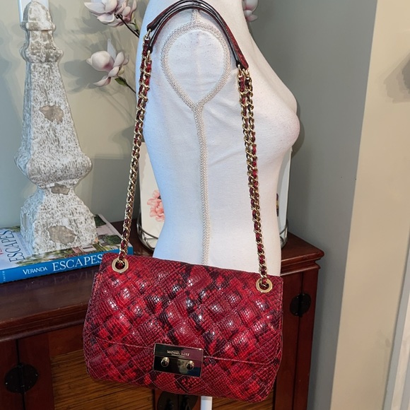 Michael Kors Sloan Quilted Phyton Embossed Leather Large Chain Shoulder Bag - Picture 11 of 13